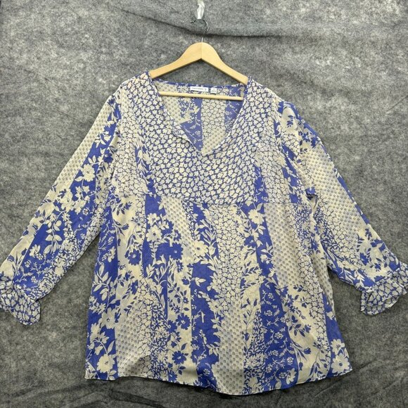 Susan Graver Tops - Susan Graver Top Womens 1X Blue Cream Sheer Boho Peasant Floral Tunic Ruffle